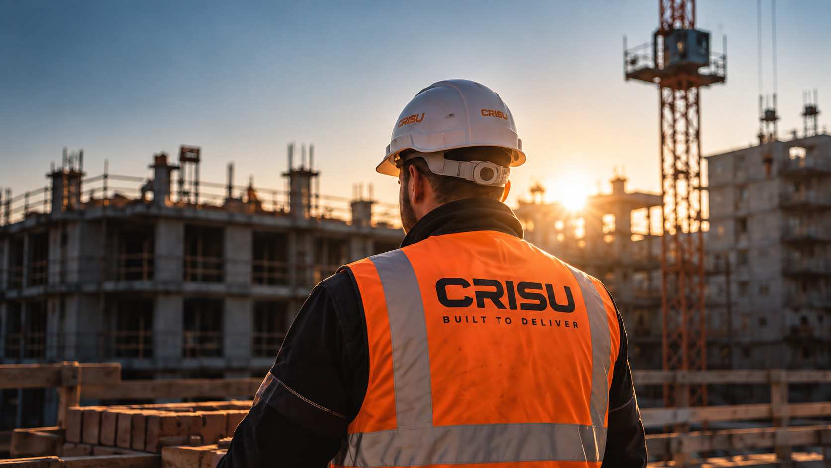 Un operaio CRISU con gilet ad alta visibilità che osserva un cantiere al tramonto
